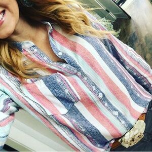 En Crème Striped Button Up Bohemian Southwestern Print Shirt Size Small